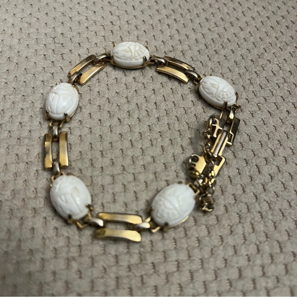 Vintage Egyptian Gold and White Scarab Bracelet with safety chain